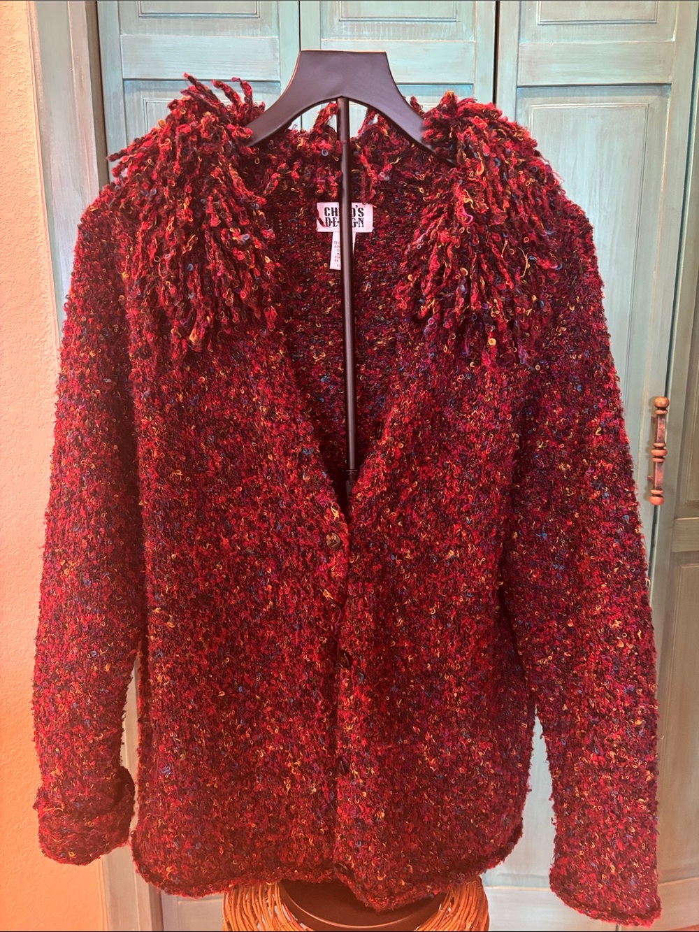 Chico's Red Bouclé Fringe-Collar Cardigan